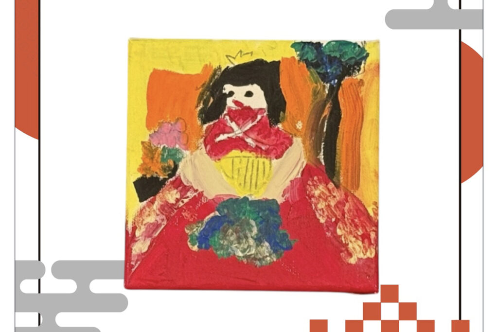 RIRIが描いた、カラフルで自由なお雛様（赤と黄色が鮮やか）