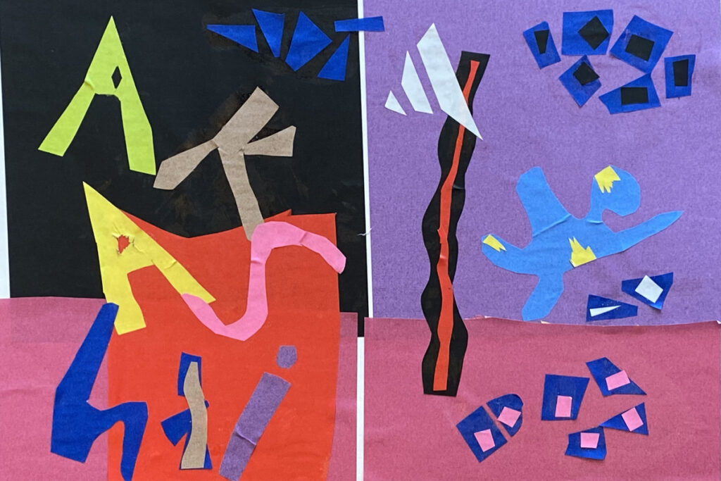 左に「AKASHI」の切り文字、右に青い人型のモチーフが描かれた切り絵作品「転ぶ男」