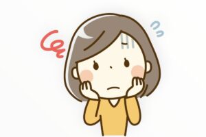 習い事に悩む母親のイラスト。子育て中の不安や焦りを感じている様子。