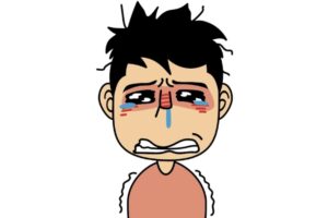 泣いている男の子のイラスト。涙を流しながらも気持ちをこらえている様子。
