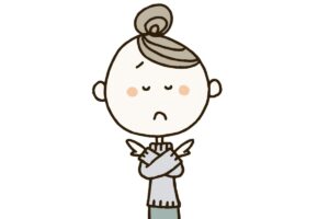 美術館や絵画鑑賞に不安を感じて腕を組む女性のイラスト